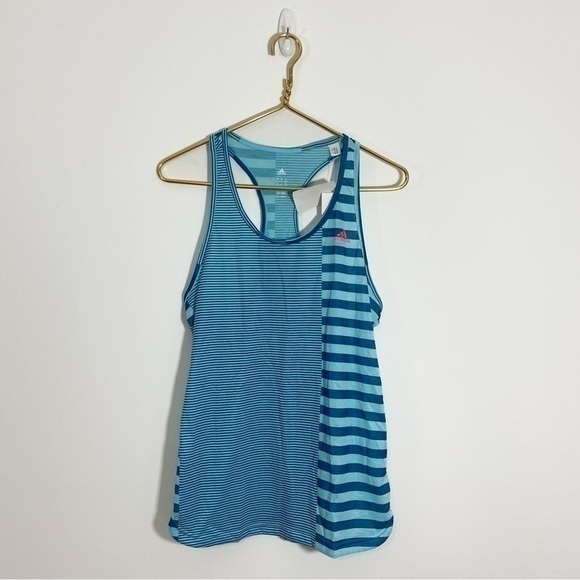 Adidas NWT‎ Womens Turquoise Blue Striped Racerback Tank Top Shirt - Picture 1 of 7